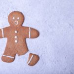 Broken gingerbread man looks alarmed.