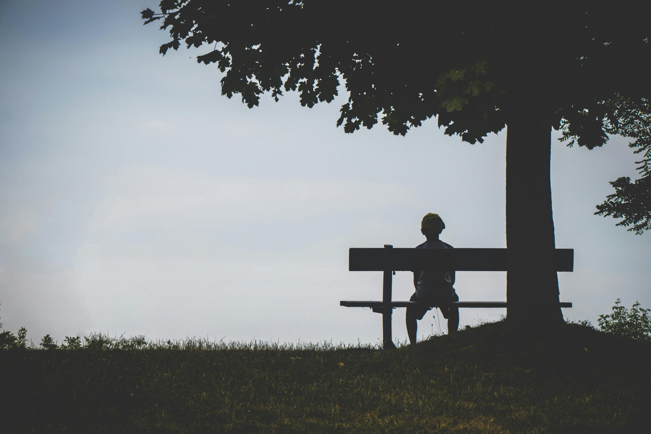 shadowy silhouette of a youth sitting on a bench at a ark